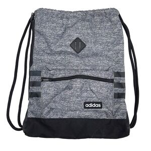 Adidas Drawstring Backpack Gym Bag Grey Heather Black‎ 3 Stripe Zip Pocket